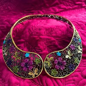 DESIGNER CRYSTAL FLORAL BIB NECKLACE SIGNED "OPC CN" RUNWAY Flowers Butterflies.